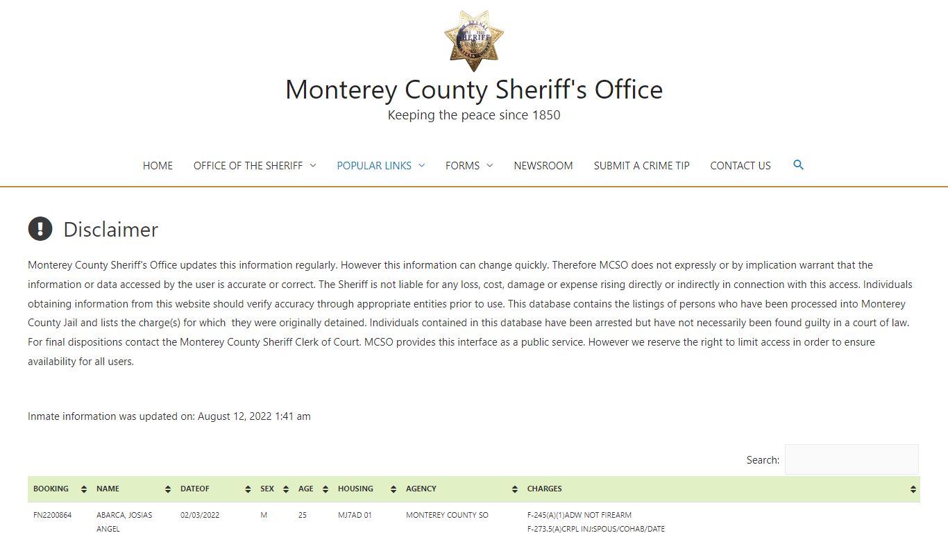 Inmate Information – Monterey County Sheriff's Office